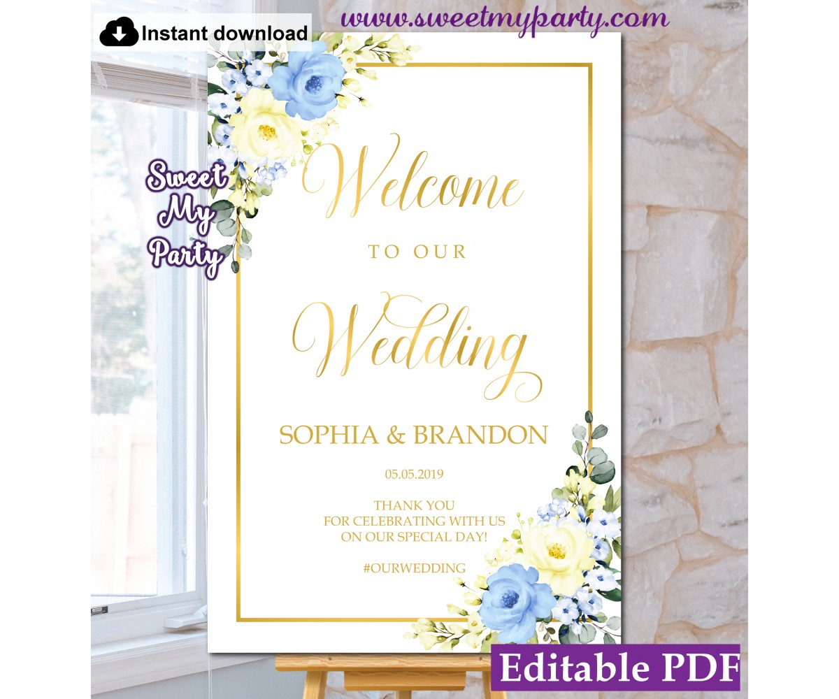 Yellow Blue Welcome sign template,Yello Blue Wedding Welcome sign template, (132)